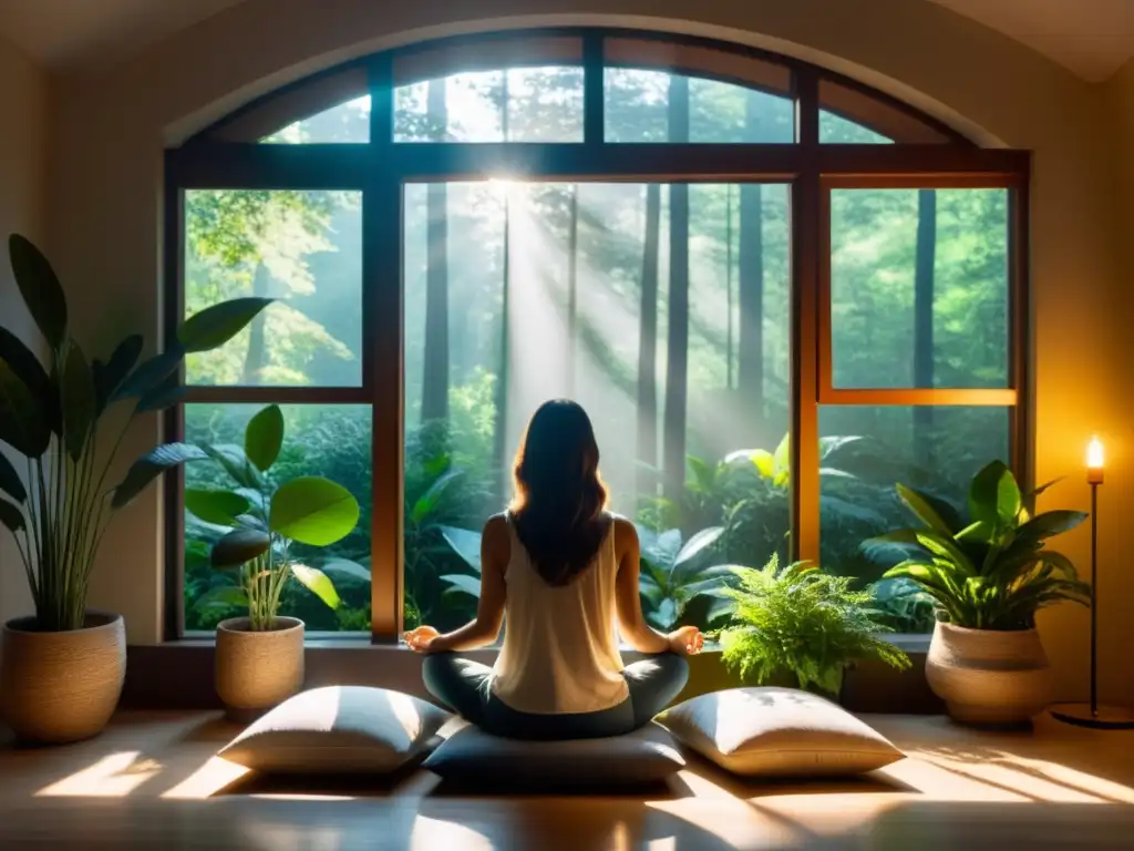 Persona meditando en habitación serena con vista al bosque, luz dorada