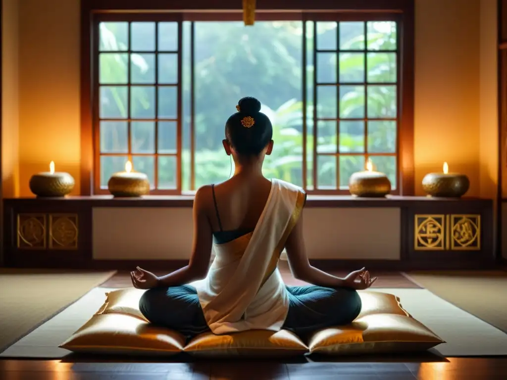 Persona meditando en habitación tranquila con luz dorada, símbolos budistas