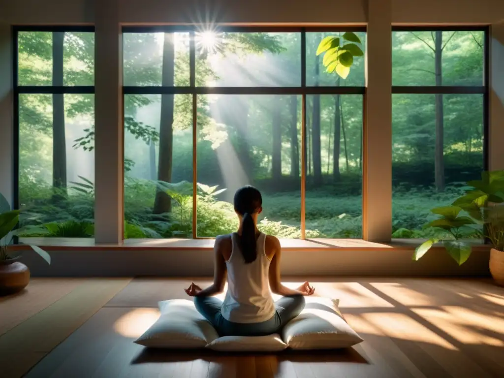 Persona meditando en habitación tranquila con vista al bosque, evocando calma