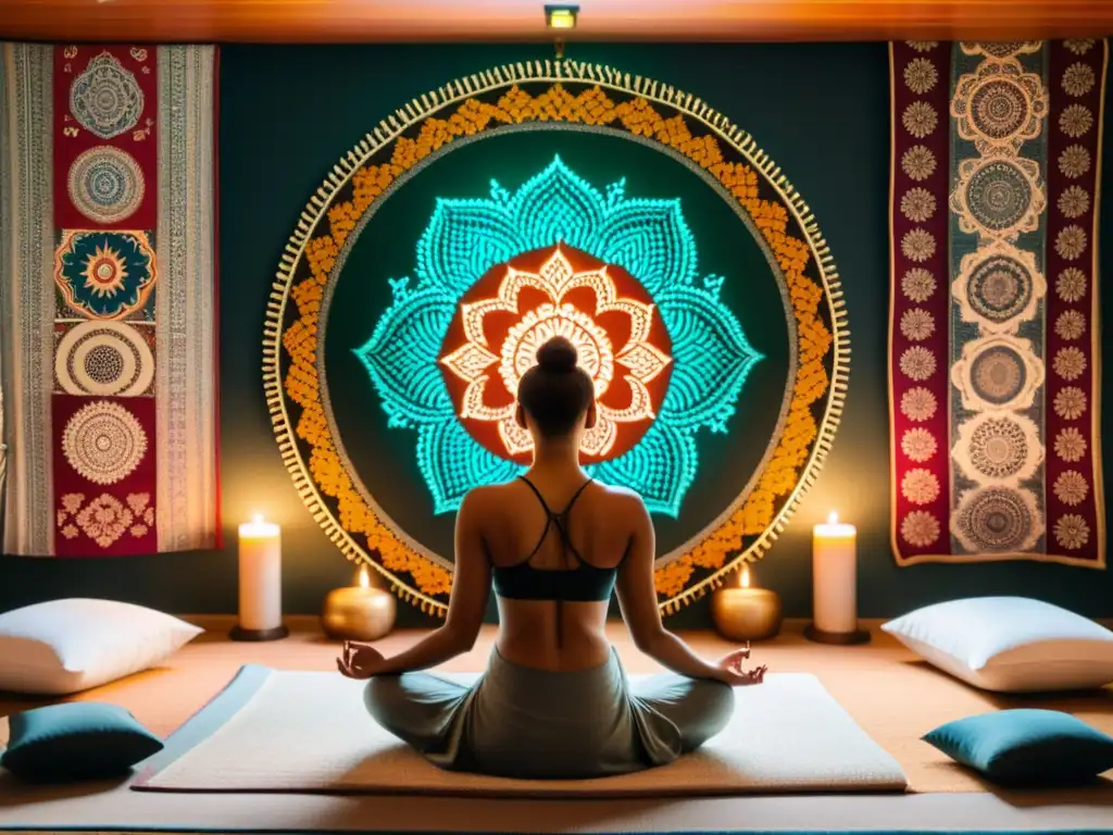 Persona meditando en habitación con mandalas, explorando meditación a través de mandalas