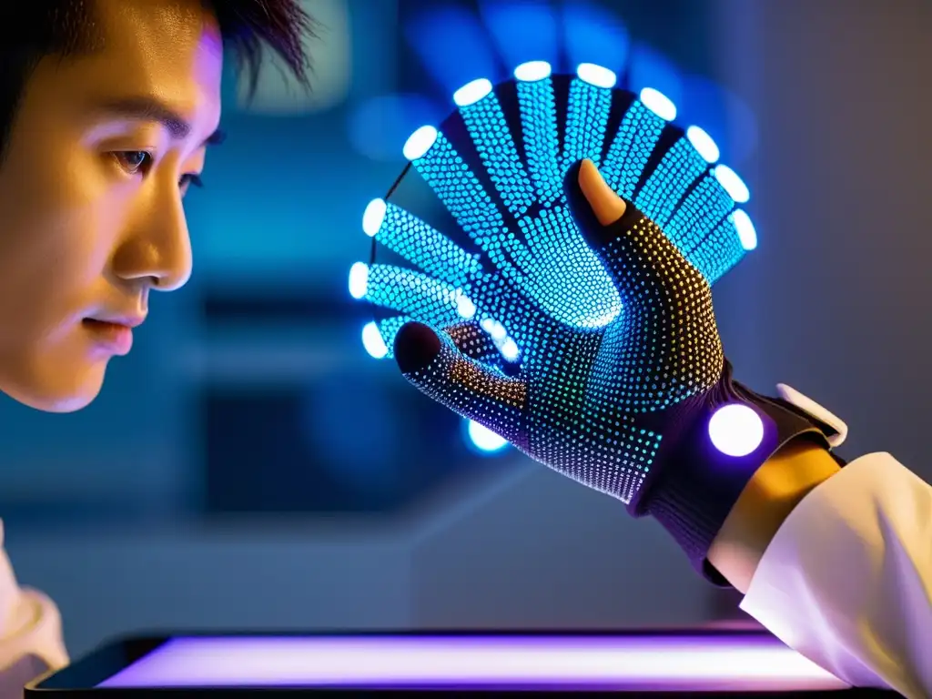 Persona manipulando interfaz virtual con guantes inteligentes tecnología japonesa en laboratorio de vanguardia