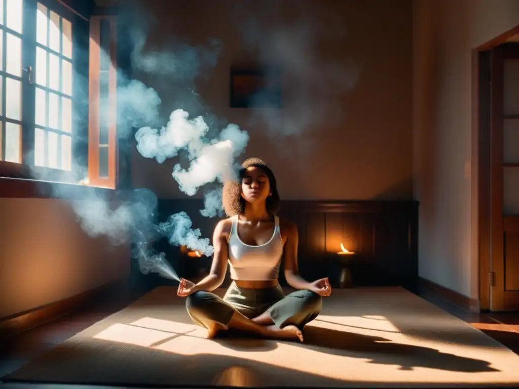 Una persona en meditación, con luz suave y una atmósfera tranquila