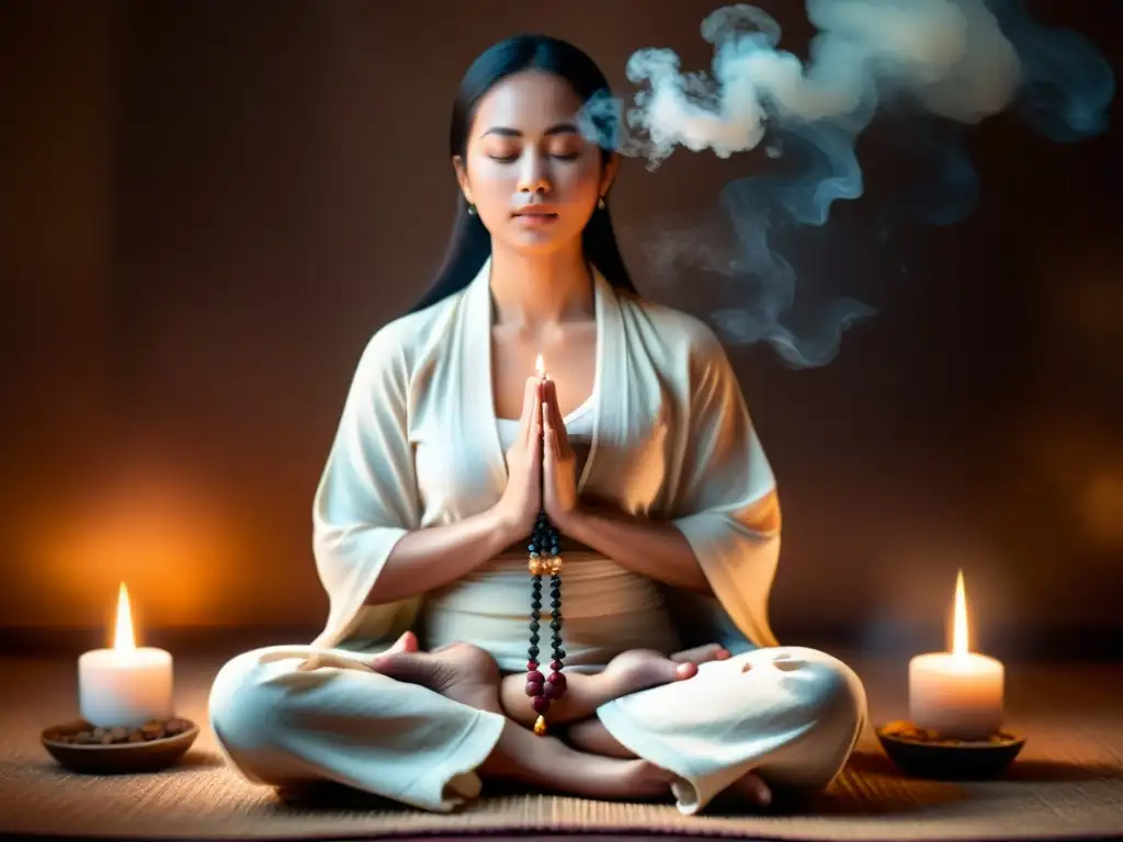 Persona en meditación con mala, rodeada de luz de velas y humo de incienso, creando una atmósfera serena y espiritual