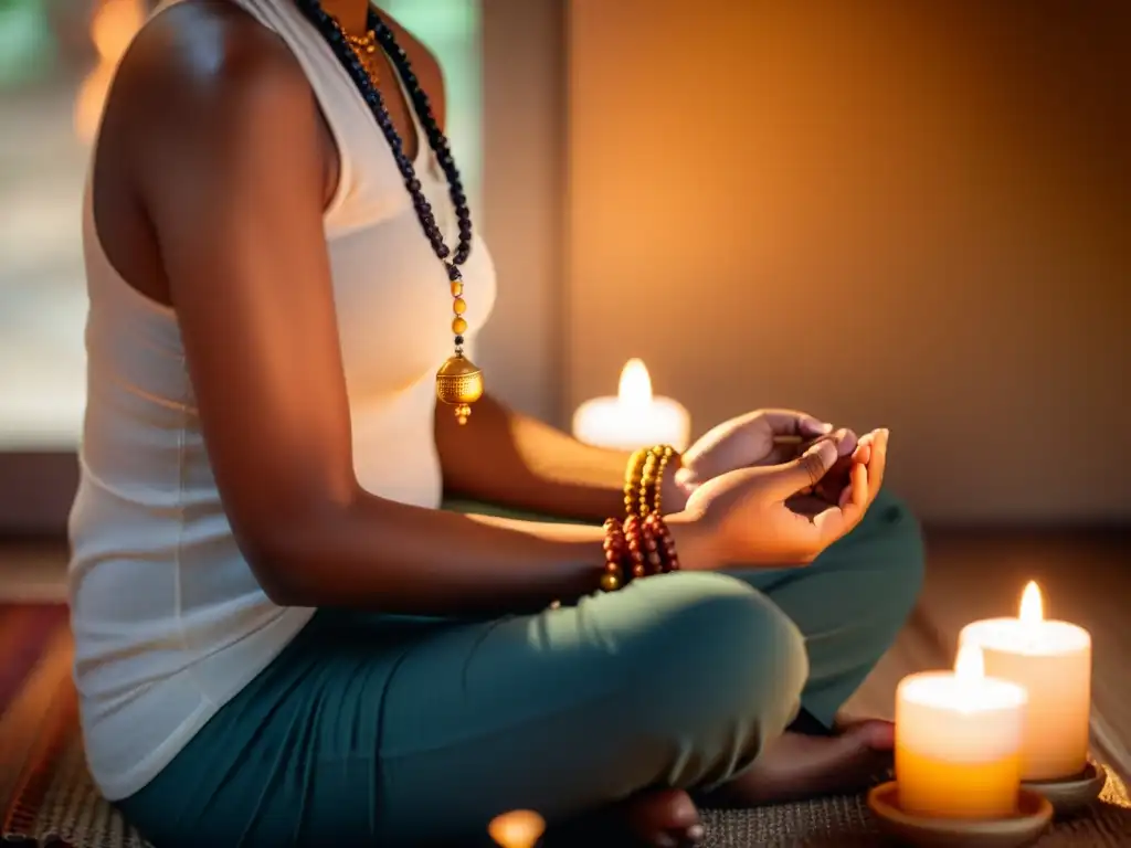 Persona en meditación con mantras curativos para sanar cuerpo, rodeada de luz de velas, en atmósfera espiritual y serena