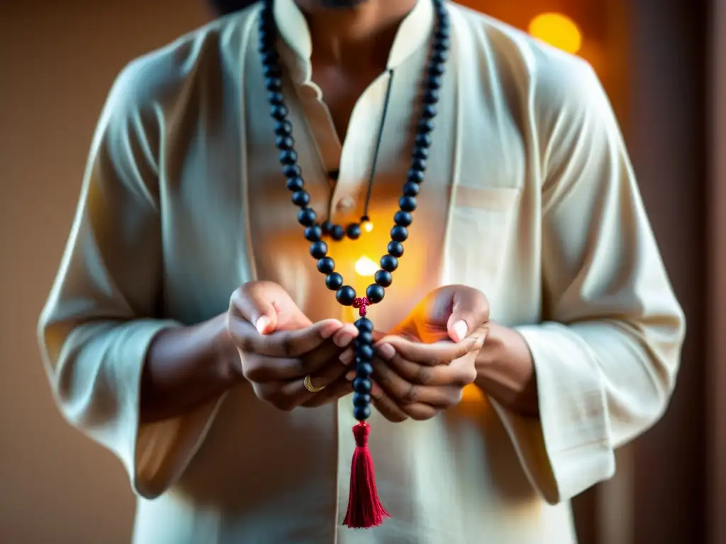 Persona en meditación con mantras para transformación espiritual, iluminada por luz suave en atmósfera serena y contemplativa