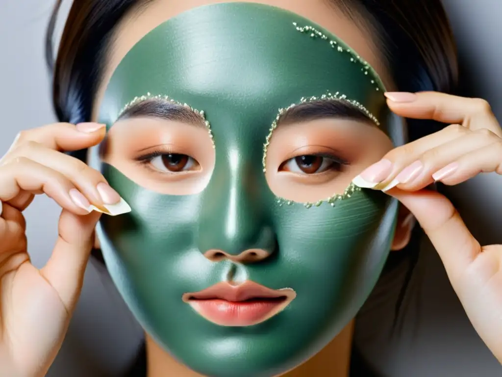 Una persona aplica una máscara de belleza coreana con expresión serena, resaltando la textura y cuidado meticuloso