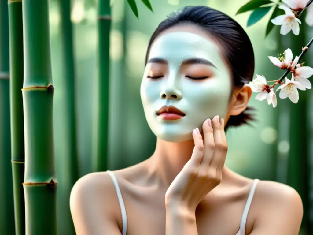 Persona aplicando mascarilla facial con calma y precisión, evocando un ambiente sereno y meditativo