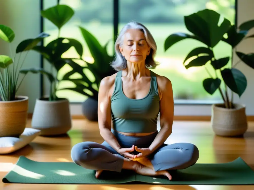 Persona mayor practicando yoga adaptado en una habitación soleada rodeada de plantas verdes, meditando en Sukhasana