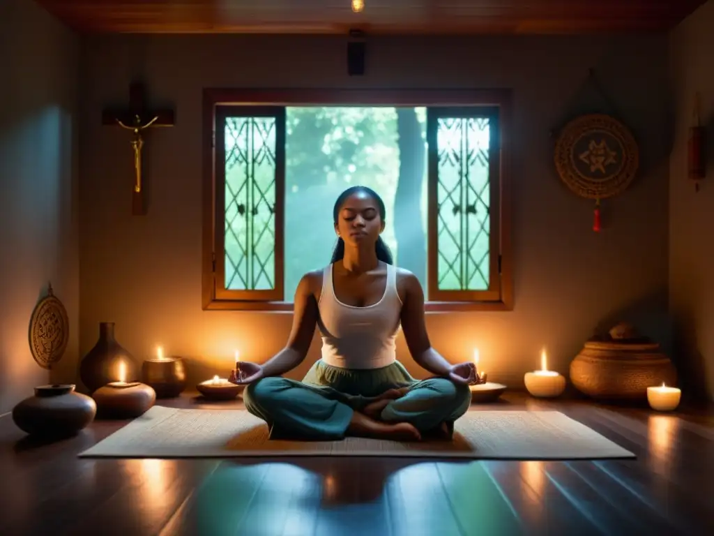 Persona en meditación, iluminada por luz suave