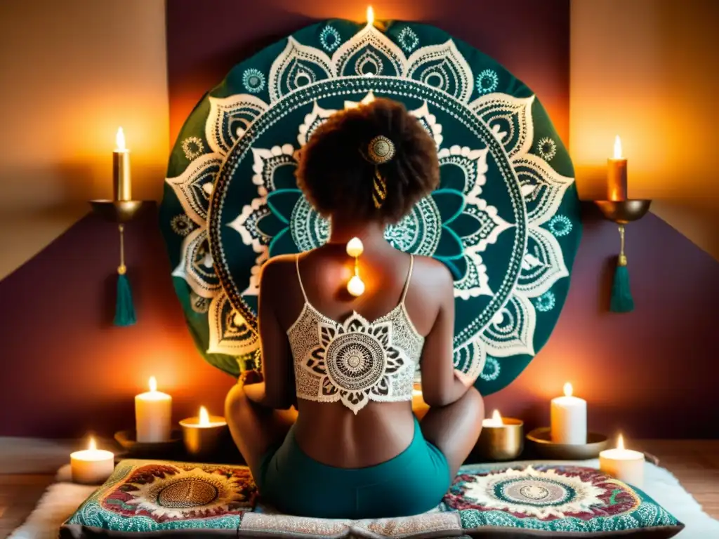 'Explorando meditación a través mandalas: Persona en meditación profunda frente a un mandala colorido, rodeado de velas, en una atmósfera serena