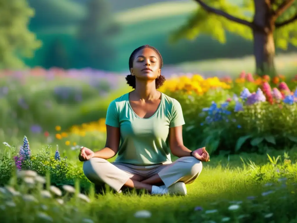 Persona meditando Metta en prado verde con flores, irradiando amor y benevolencia
