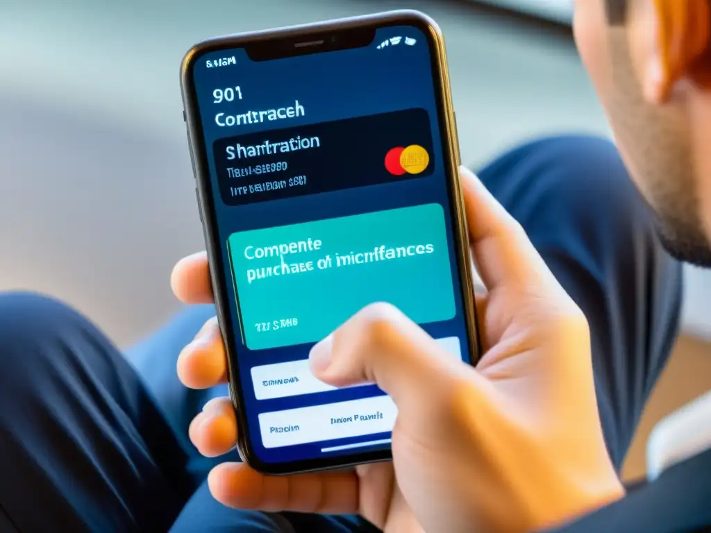 Una persona realiza una microtransacción en su smartphone, mostrando los beneficios de la era digital
