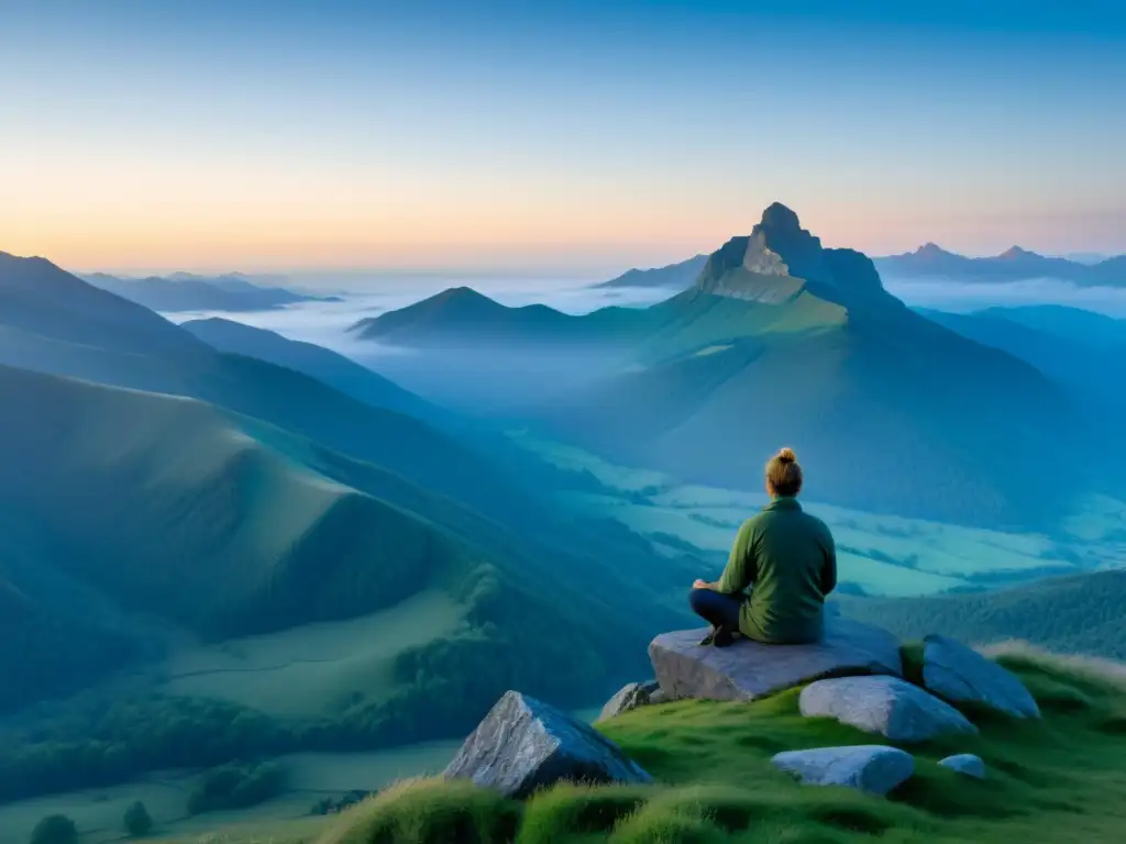 Persona en meditación, al amanecer en la montaña, entendiendo las leyes de causa y efecto