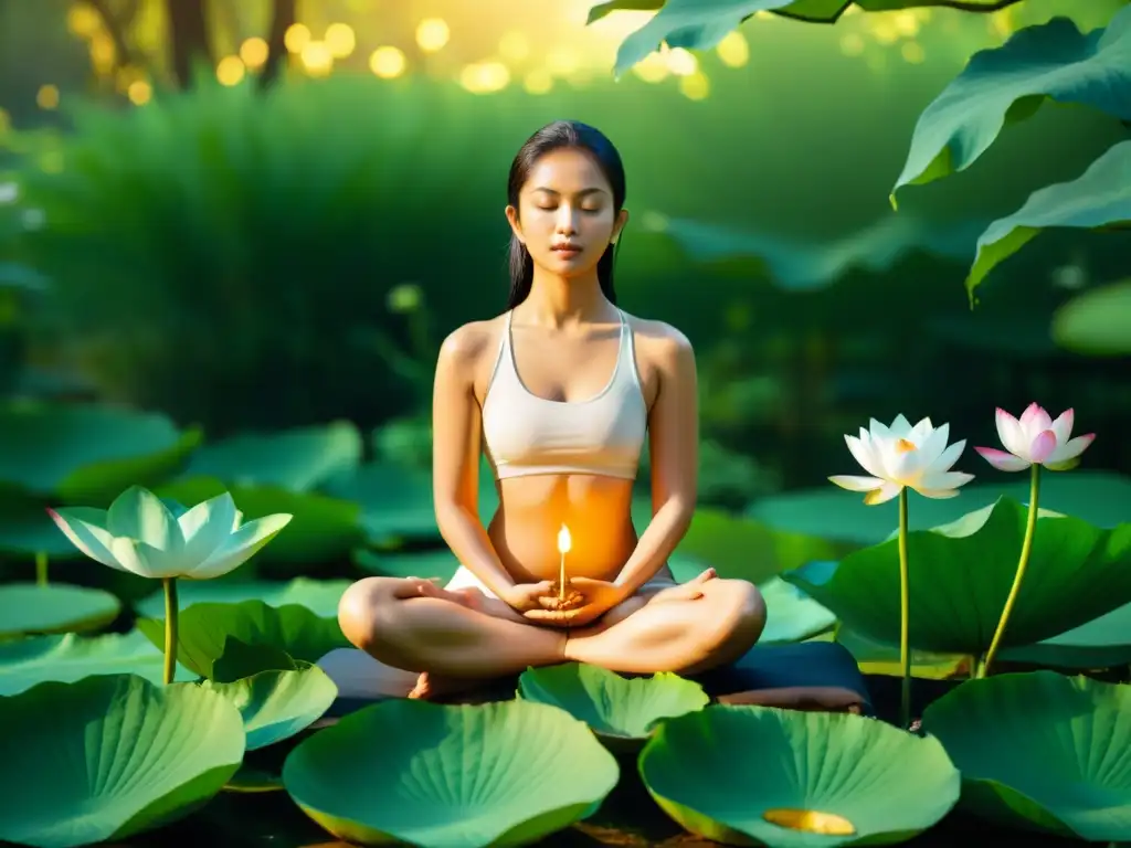 Persona meditando entre naturaleza exuberante y flores de loto, irradiando serenidad y paz