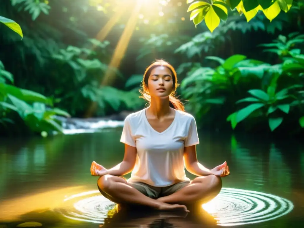 Persona meditando en la naturaleza, con luz suave y paz interior