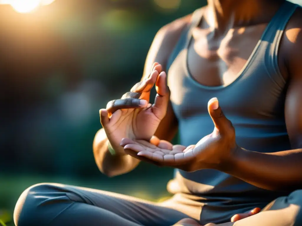 Una persona medita en la naturaleza, con mudras de significado profundo, transmitiendo calma y concentración