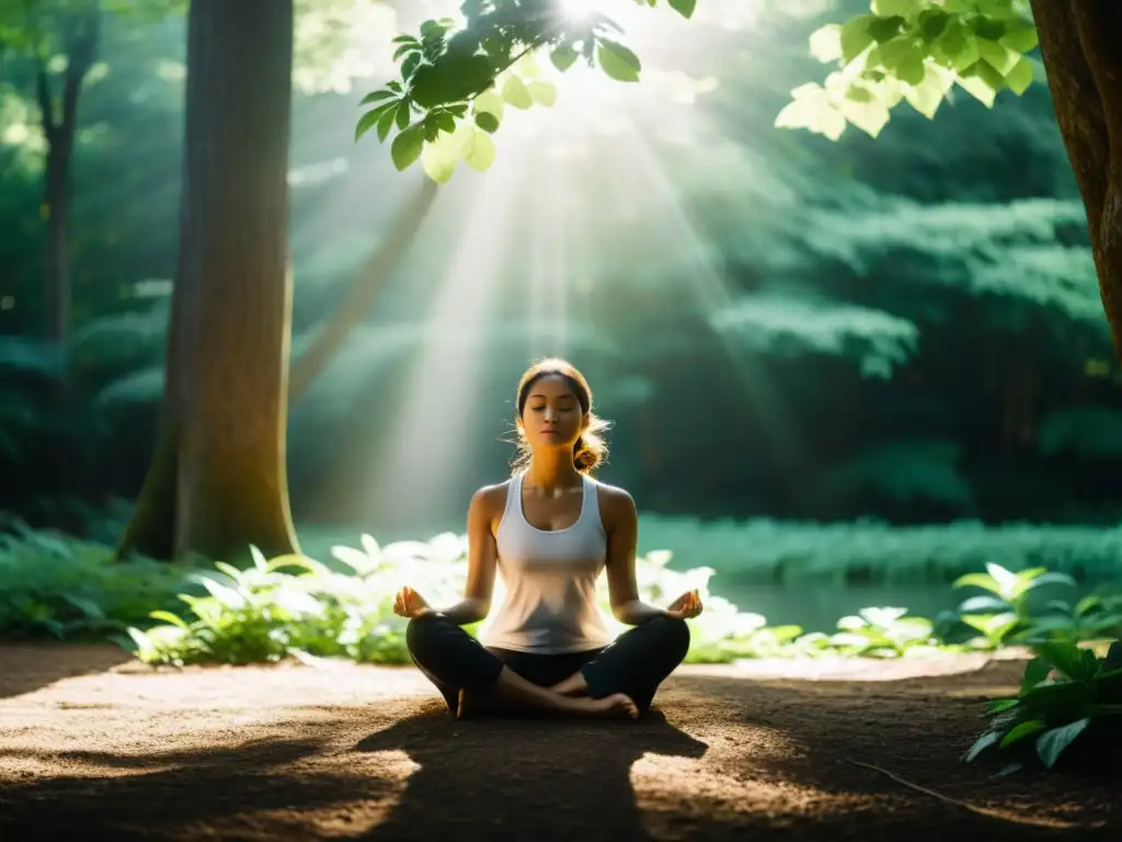 Persona meditando en la naturaleza, rodeada de árboles y luz solar, evocando beneficios de la meditación zen vacío