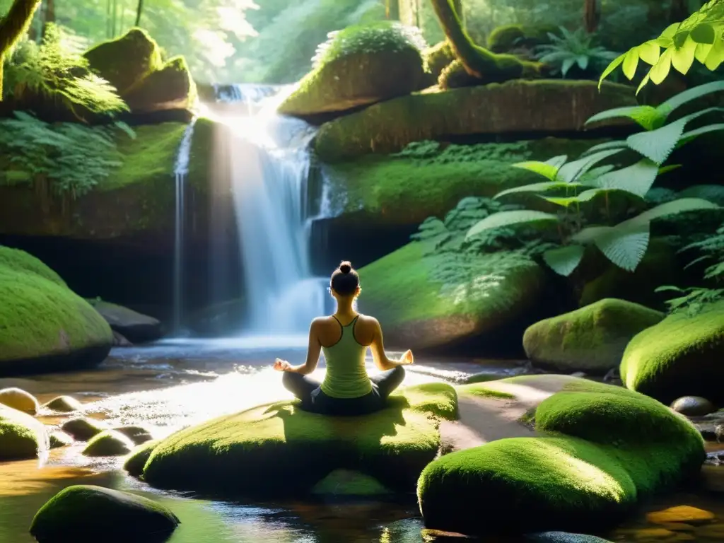 Persona meditando en la naturaleza, rodeada de bosque exuberante