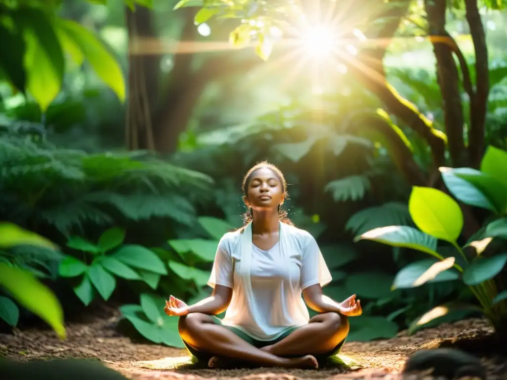 Una persona medita en la naturaleza, rodeada de exuberante vegetación y luz solar, transmitiendo calma y armonía interior