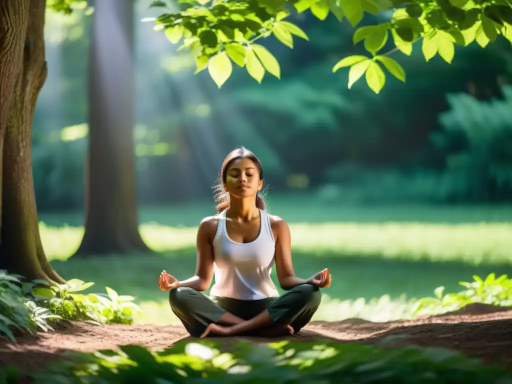 Persona meditando en la naturaleza, proyectando serenidad