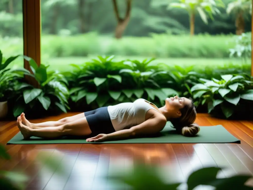 Una persona practica Yoga Nidra en un entorno tranquilo y natural, transmitiendo una profunda sensación de relajación