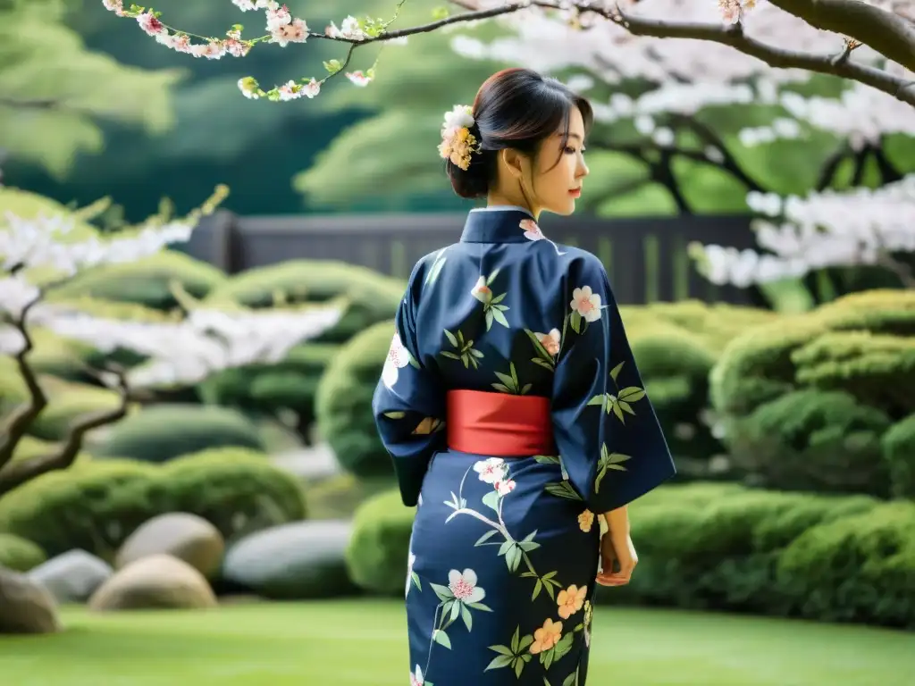 Una persona con yukata atando el obi en un jardín japonés