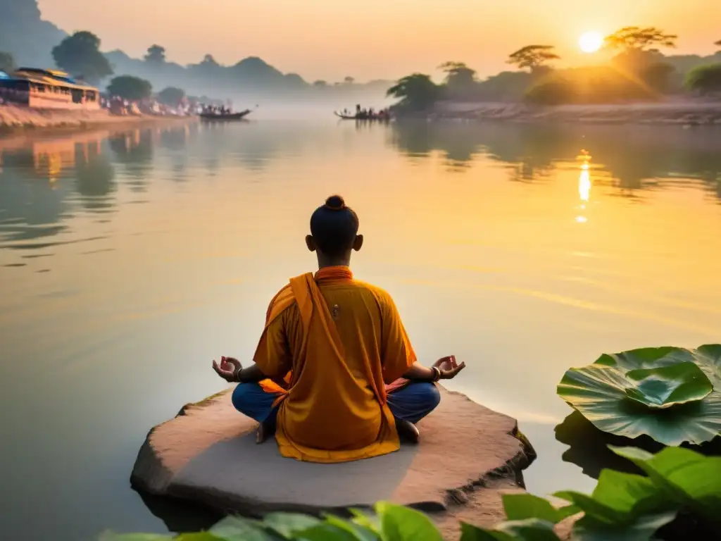 Persona meditando a orillas del Ganges al amanecer, rodeada de naturaleza exuberante