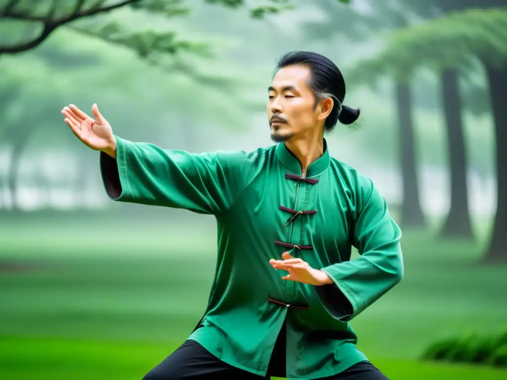 Una persona practica Tai Chi en un parque sereno y exuberante, con la bruma matutina creando una atmósfera tranquila