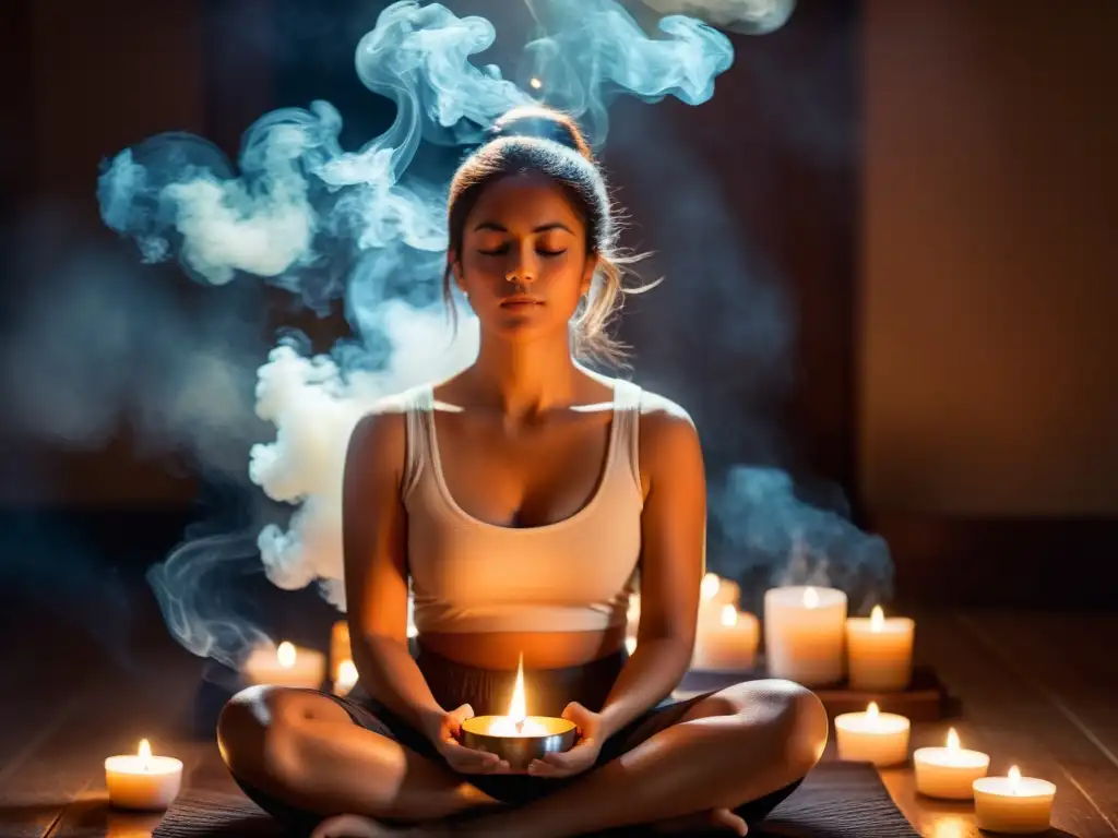 Persona meditando en paz entre velas y humo de incienso, con expresión serena