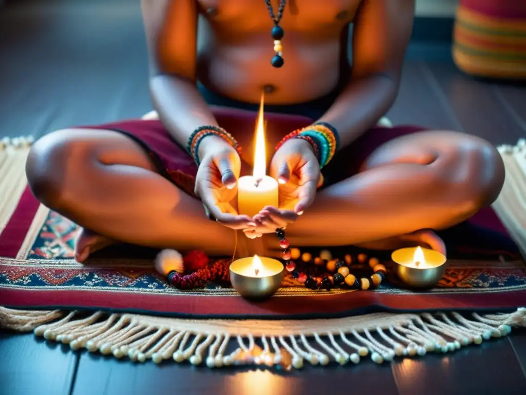 Persona meditando con poder espiritual, rosario en mano, rodeada de velas e incienso en una atmósfera tranquila y espiritual