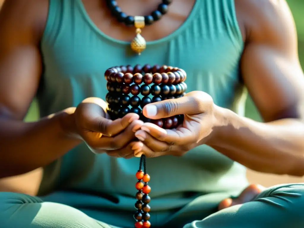 Una persona en posición meditativa, sosteniendo mala beads y entonando mantras, rodeada de luz suave