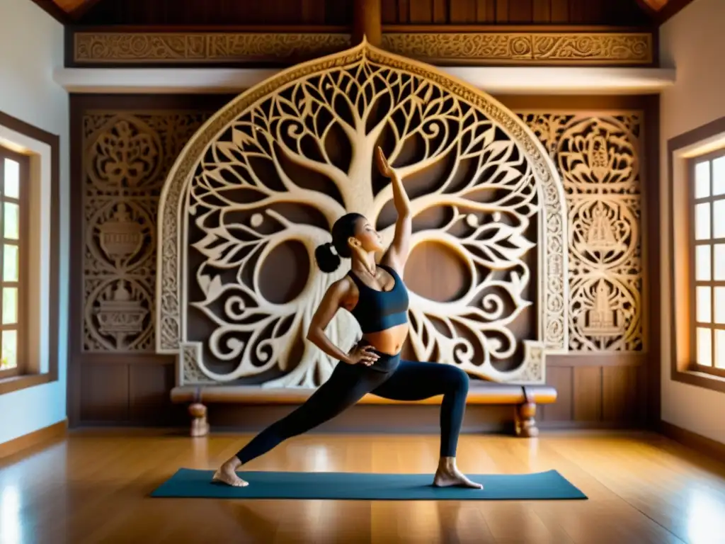 Una persona practica la postura del árbol (Vrksasana) en un estudio de yoga histórico, resaltando el simbolismo y la historia de las posturas de yoga