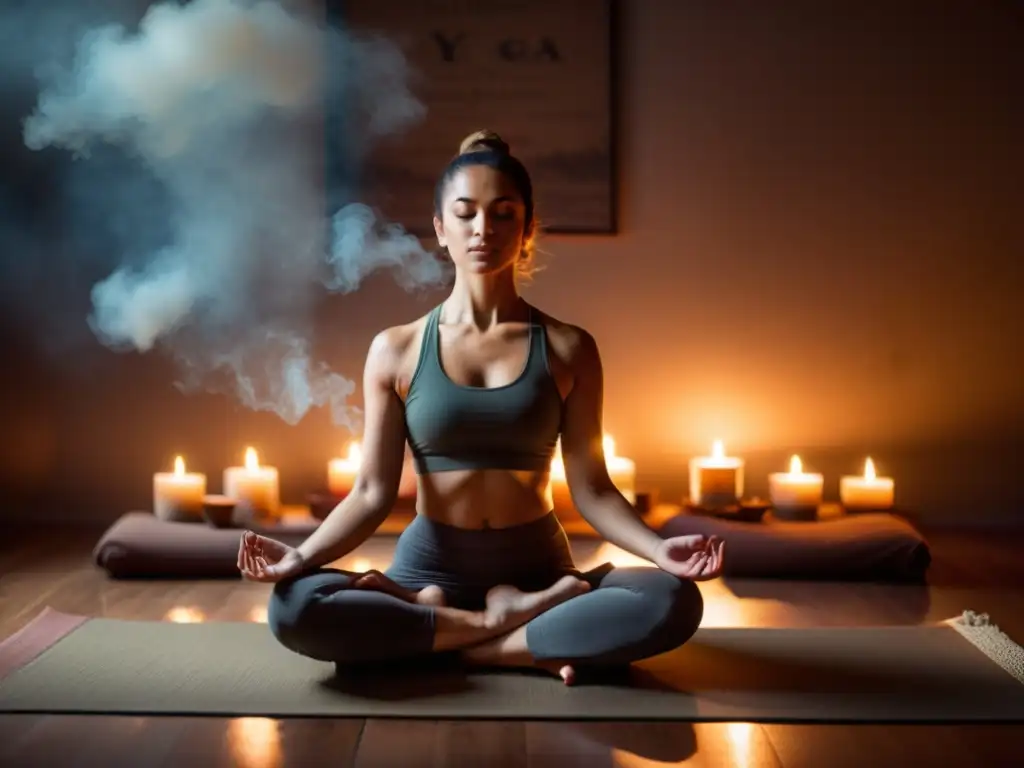 'Persona en postura meditativa en un estudio de yoga, rodeada de luz de velas y humo de incienso