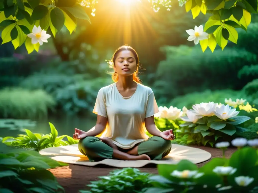 Persona en postura meditativa entre exuberante vegetación y flores, irradiando tranquilidad