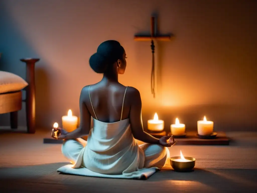 Persona en postura meditativa, rodeada de luz de velas e incienso, entonando mantras para transformación espiritual