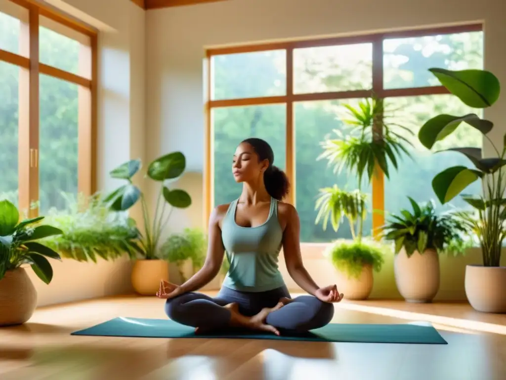 Persona en postura de pranayama, practicando yoga en un ambiente tranquilo y natural con luz suave