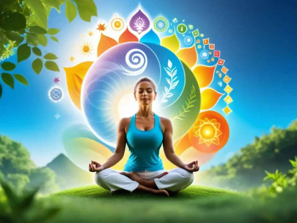 Persona en postura de yoga, rodeada de energía vibrante que representa los siete chakras