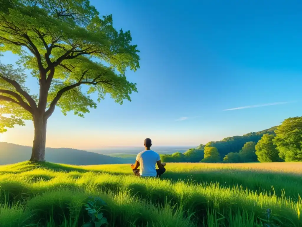 Persona meditando en un prado verde y sereno bajo el cielo azul, rodeada de naturaleza exuberante