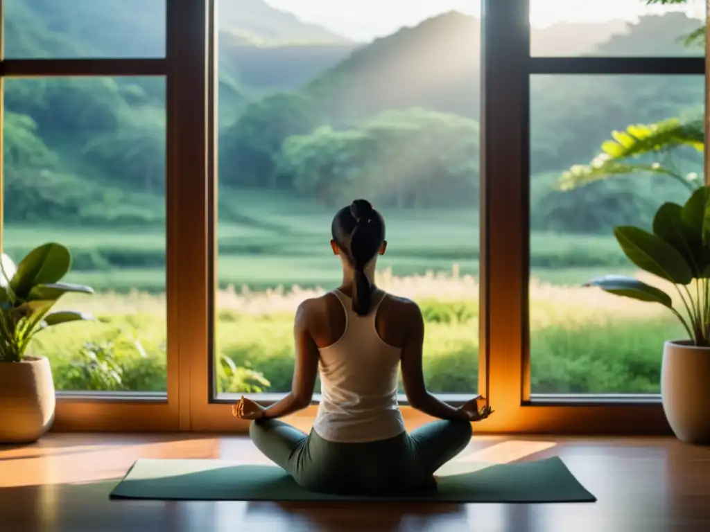 Persona practicando Pranayama en un ambiente tranquilo, con luz suave y vista a la naturaleza