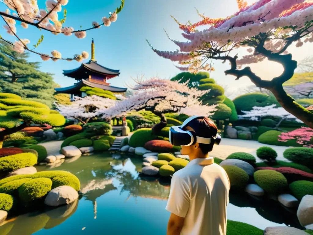 Persona usando realidad virtual para explorar paisajes asiáticos en un jardín japonés con cerezos en flor y un estanque de peces koi