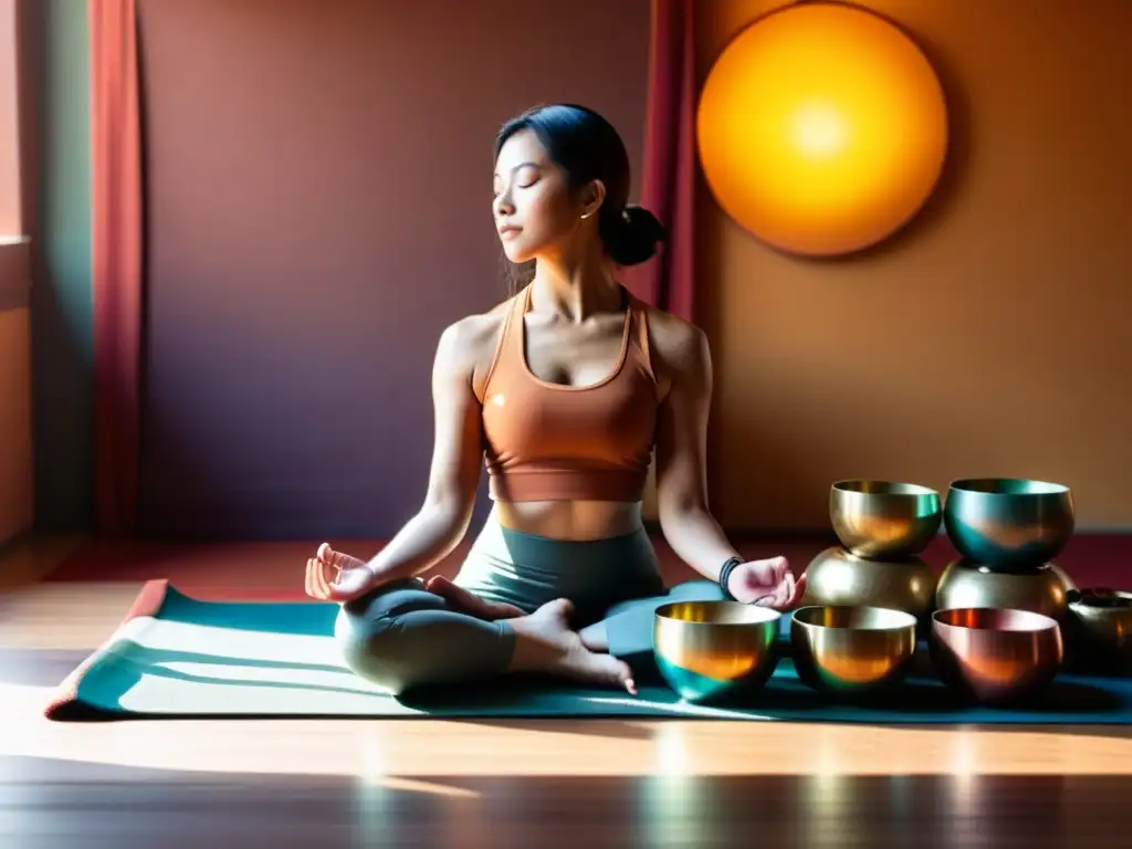 Persona relajada en postura de meditación rodeada de cuencos tibetanos, terapia de cuencos tibetanos para estrés