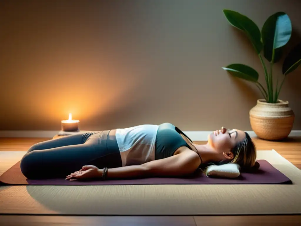 Una persona relajada en savasana, rodeada de luz suave, reflejando la serenidad y los beneficios de Yoga Nidra para relajación