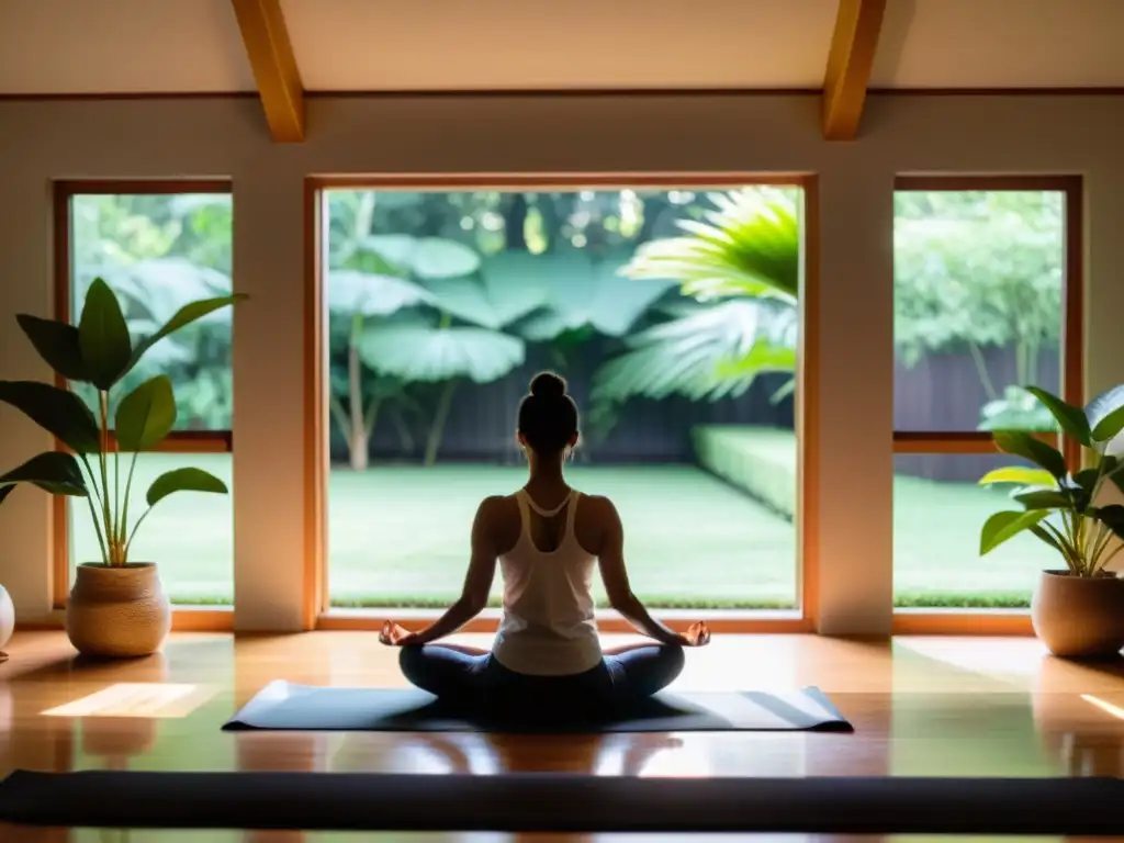 Persona relajada practicando Yoga Nidra en habitación serena con vista al jardín