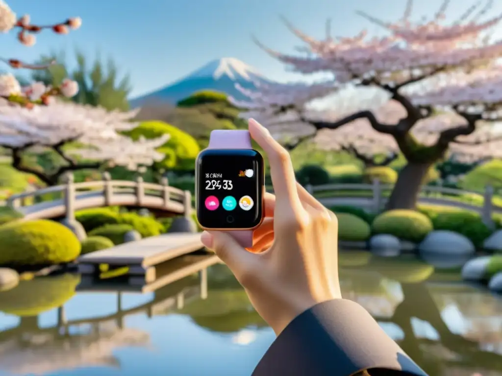 Persona en meditación con reloj inteligente inspirado en Zen en jardín japonés sereno con reflejo de cerezos en estanque y puente de madera