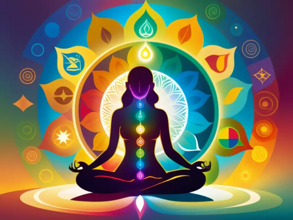 Persona meditando rodeada de colores vibrantes que representan los siete chakras, en armonía con la naturaleza