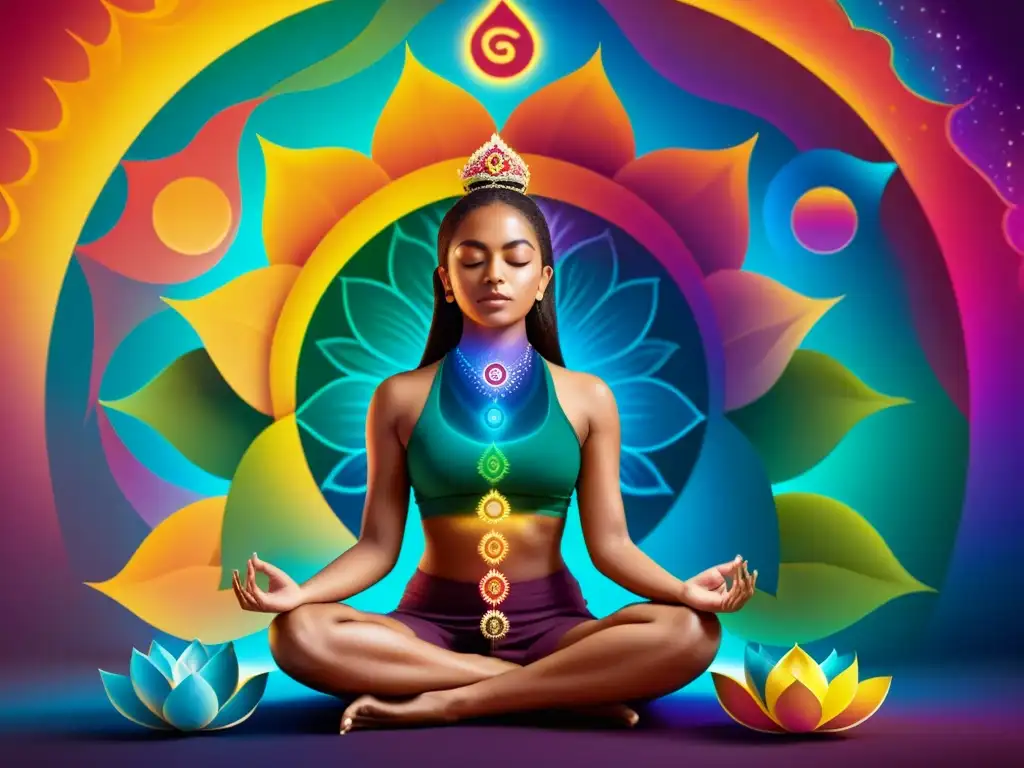 Persona en meditación rodeada de colores vibrantes representando los siete chakras, reflejando paz y equilibrio