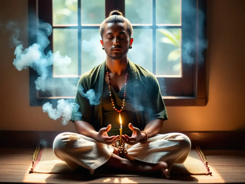 Una persona en meditación, rodeada de humo de incienso, iluminada por la luz natural