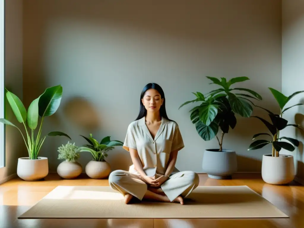 Una persona en meditación, rodeada de plantas y luz natural en un apartamento minimalista