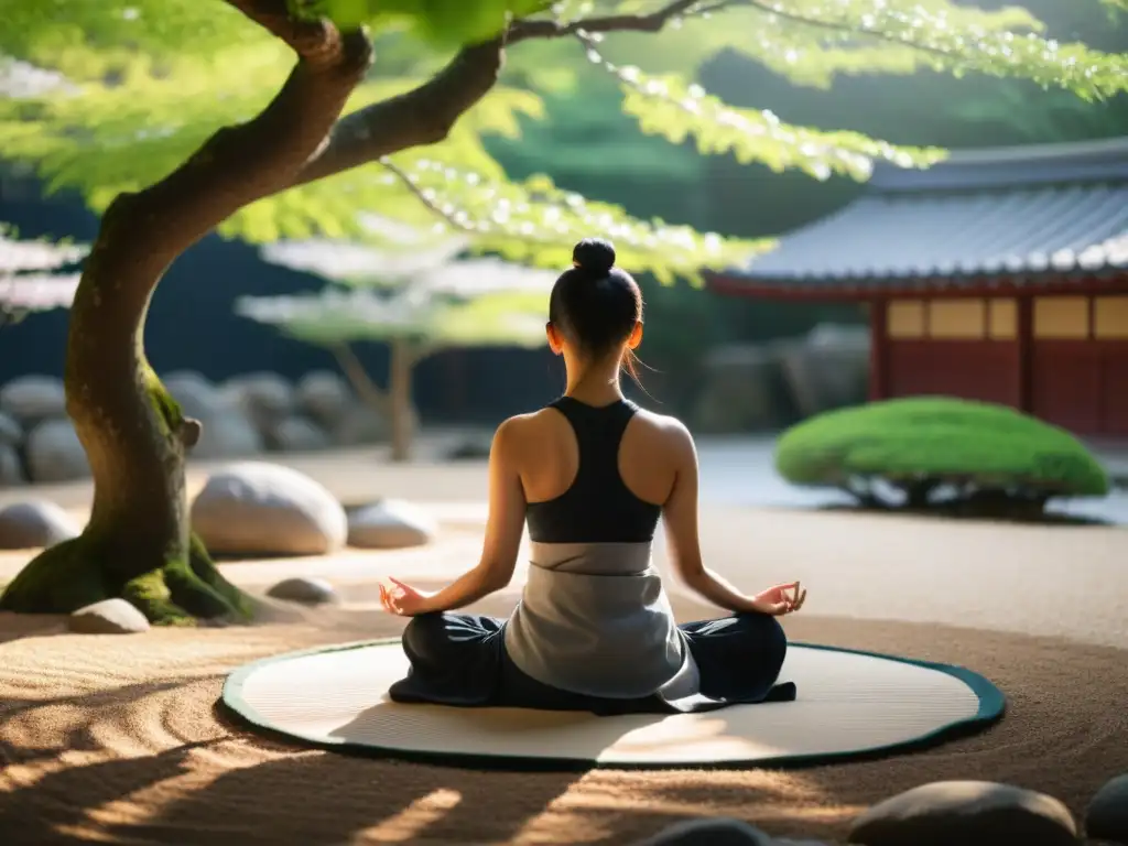 Una persona medita en un jardín zen, rodeada de tranquilidad