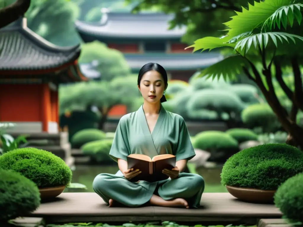 Persona en meditación en jardín oriental con I Ching, reflejando sabiduría de la Filosofía Oriental para conocimiento práctico